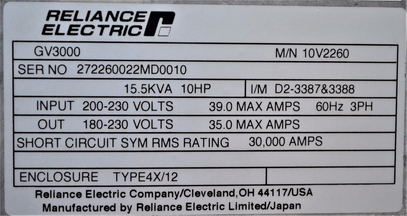 RELIANCE ELECTRIC GV3000/SE 10 HP 10V2260 FIRMWARE 6.06 AC DRIVE TESTED GOOD