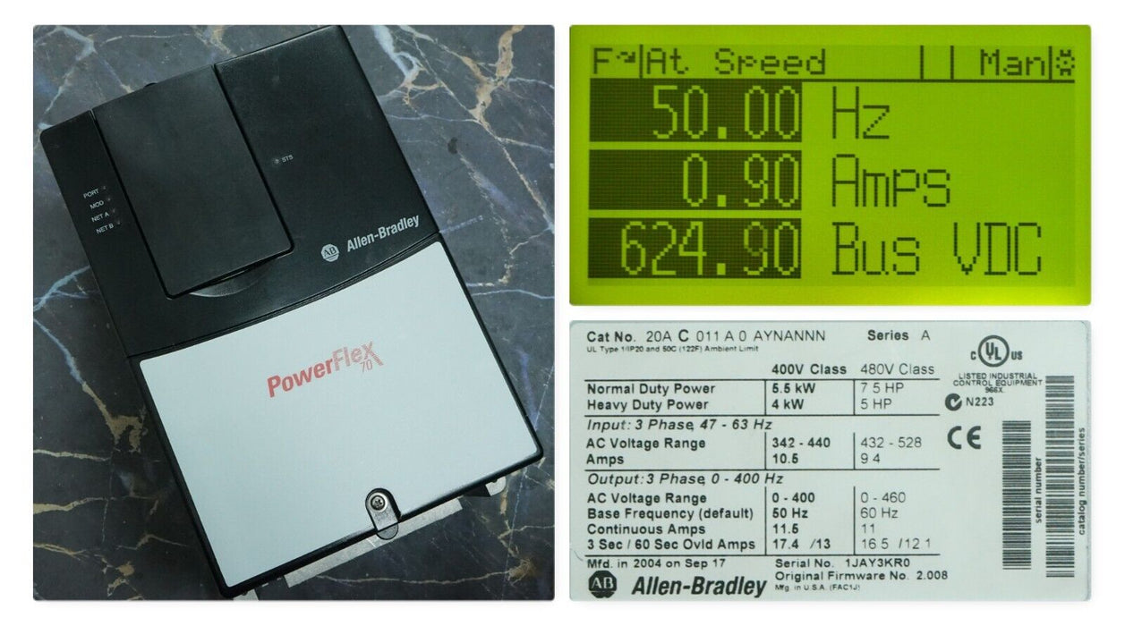 Low Hr Allen Bradley 20AC011A0AYNANNN/A Powerflex 70 7.5 HP VER 2.008