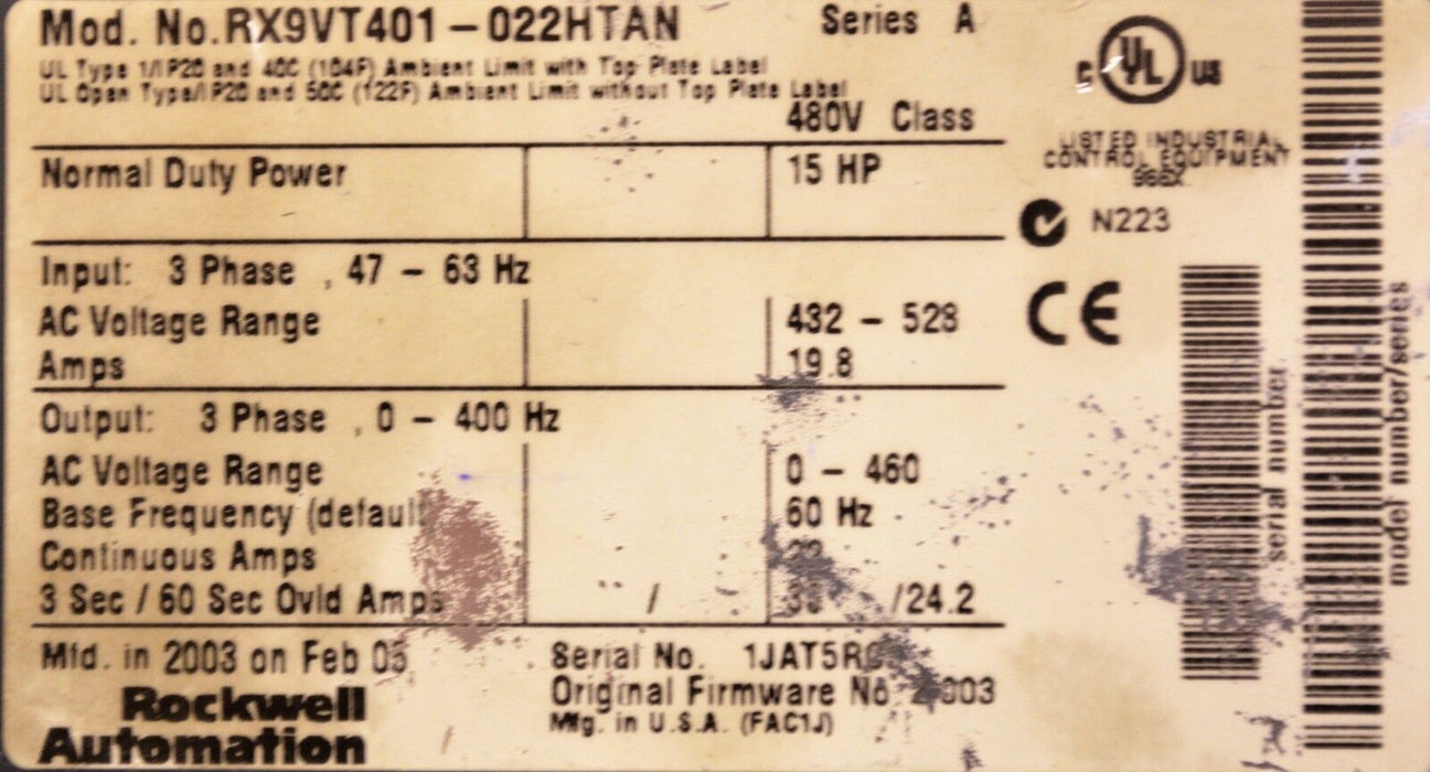 Rockwell Automation VTAC 9 AC Motor Control RX9VT401-022HTAN 15 HP Series A