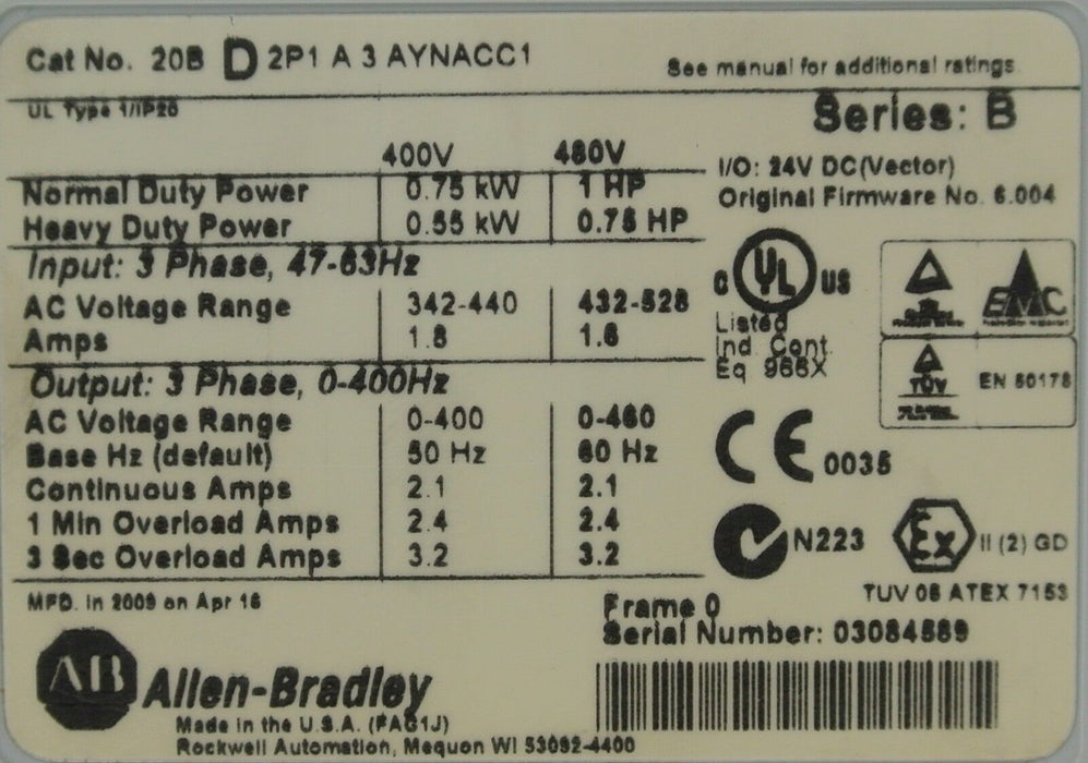 Clean Allen Bradley 20BD2P1A3AYNACC1 PowerFlex 700 Drive 1 HP  6.004 Tested Good