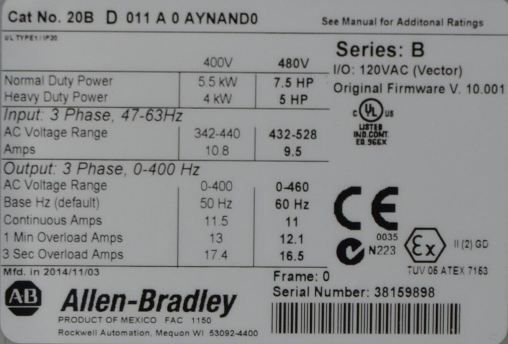 Low Hours Allen-Bradley PowerFlex 700 7.5HP 20BD011A0AYNAND0 480VAC FRN: 10.001