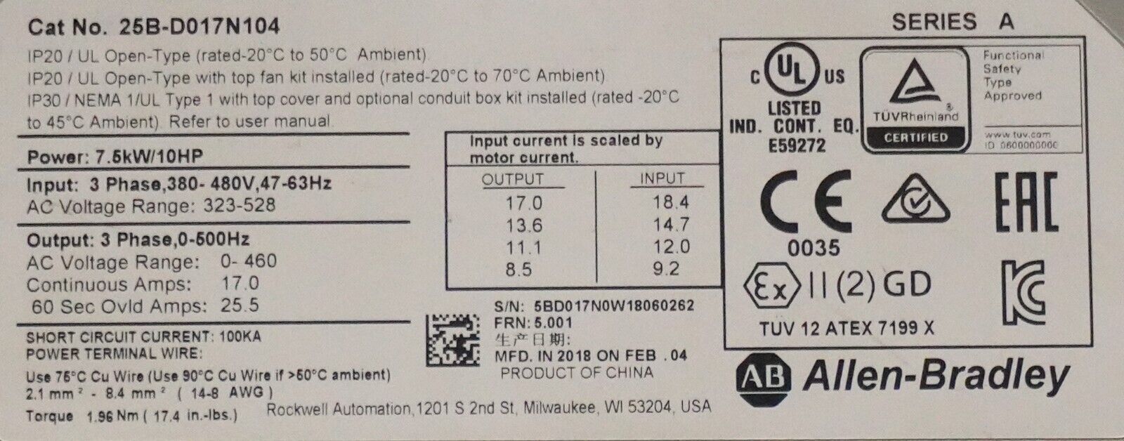 Allen-Bradley 25B-D017N104 PowerFlex 525 10HP AC Drive Tested Good