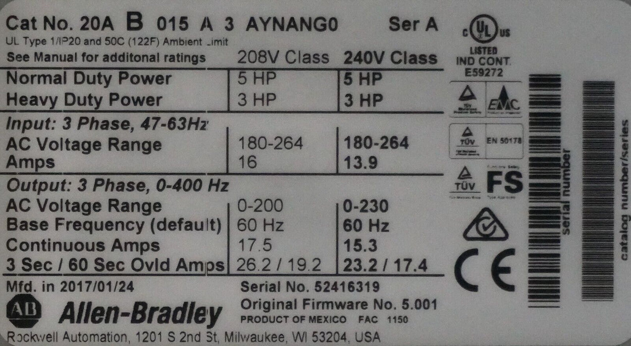 Allen-Bradley PowerFlex 70 5HP 20AB015A3AYNANG0 240VAC FRN:5.001