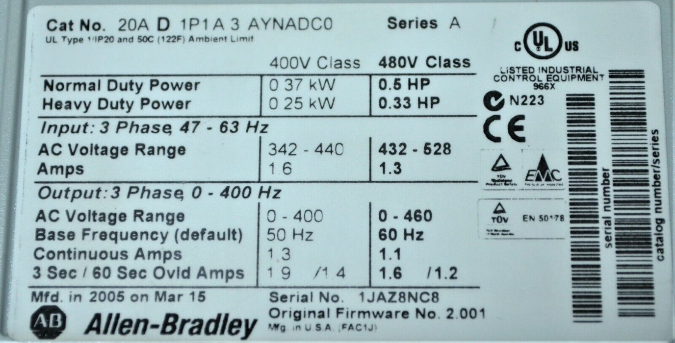 NEW Allen-Bradley 20AD1P1A3AYNADC0 PowerFlex 70 1/2 HP  480V FRM 2.001 Series A