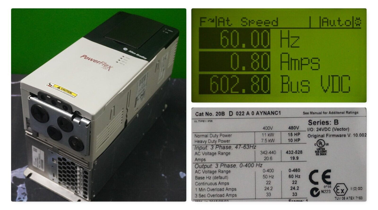 Low Hrs Allen-Bradley PowerFlex 700 20BD022A0AYNANC1 15HP FRN:10.002 Tested Good