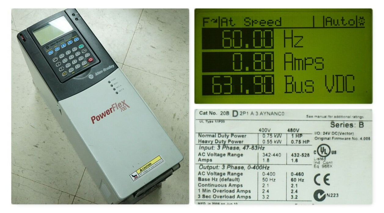 Low Hours Allen-Bradley PowerFlex 700 1HP 20BD2P1A3AYNANC0 480 VAC FRN:4.005