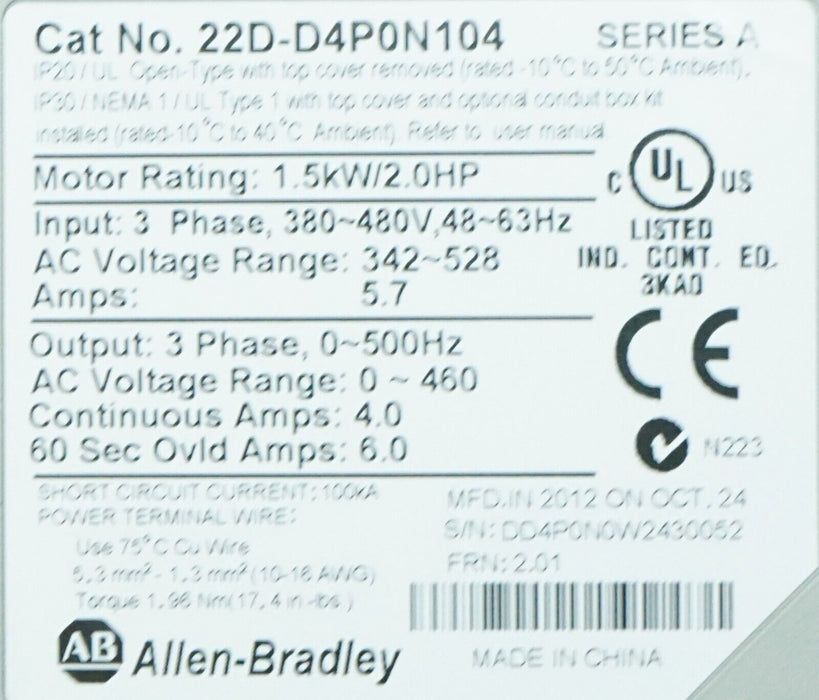 Allen-Bradley 22D-D4P0N104 PowerFlex40 2 HP Series A 480 VAC FRN:2.01