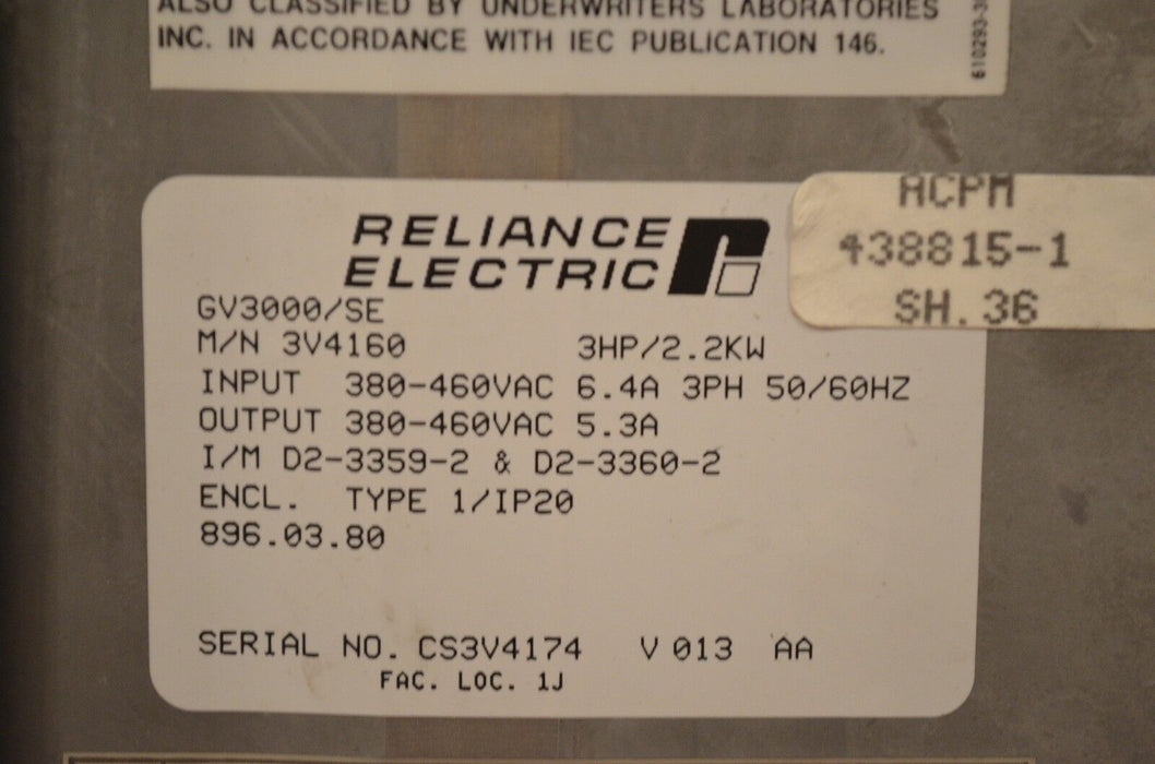 Reliance Electric GV3000/SE 3HP 3V4160 VER. 6.01 AC Inverter Tested Good