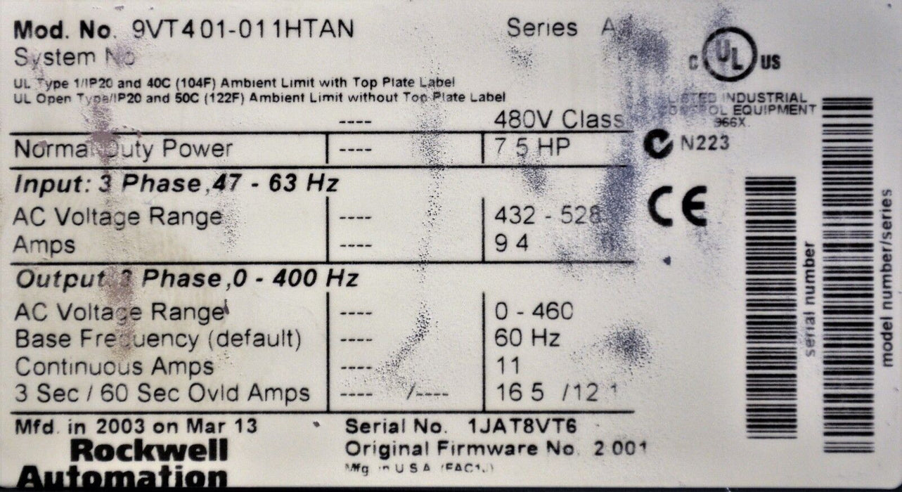 7.5 HP Rockwell Automation VTAC 9 AC Drive 9VT401-011HTAN FRM: 2.001