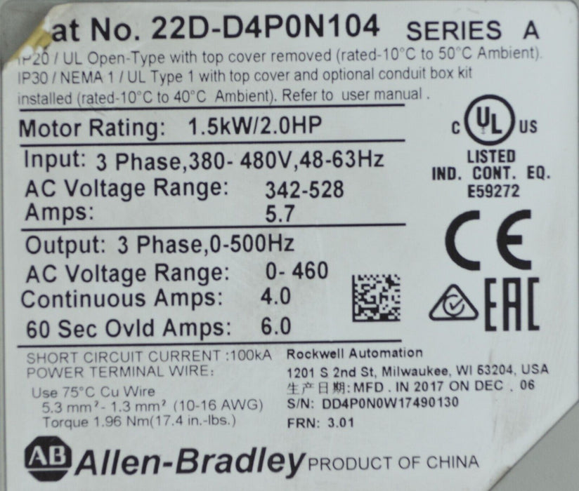 Low Hours 2017 Allen Bradley 22D-D4P0N104 PowerFlex40 Firmware 3.01 Series A