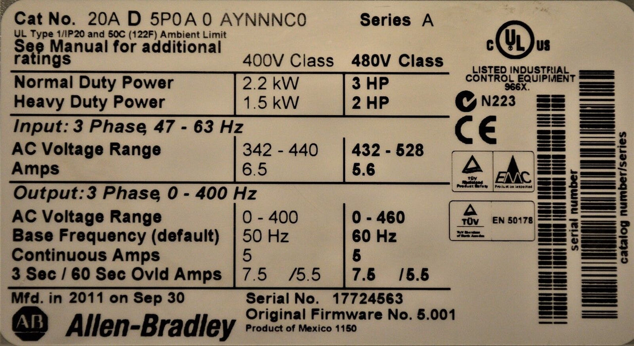 2011 Allen-Bradley PowerFlex 70 3 HP 20AD5P0A0AYNNNC0 480VAC Clean,Tested Good