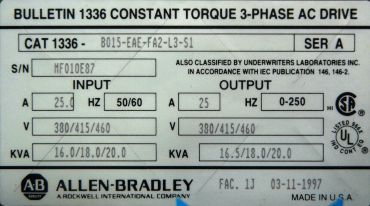 New Allen-Bradley Constant Torque 3-Phase AC Drive 1336-B015-EAE-FA2-L3-S1 Ser A