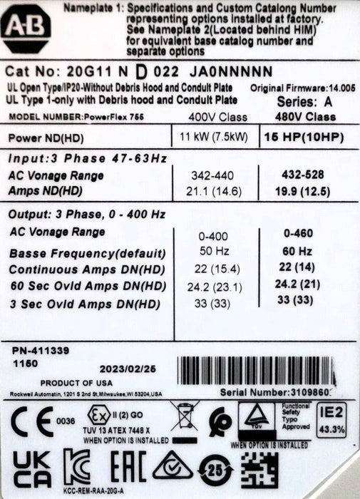 Zero Hr Allen-Bradley 20G11ND022JA0NNNNN PowerFlex 755 VFD 15HP SER A FRN:14.004