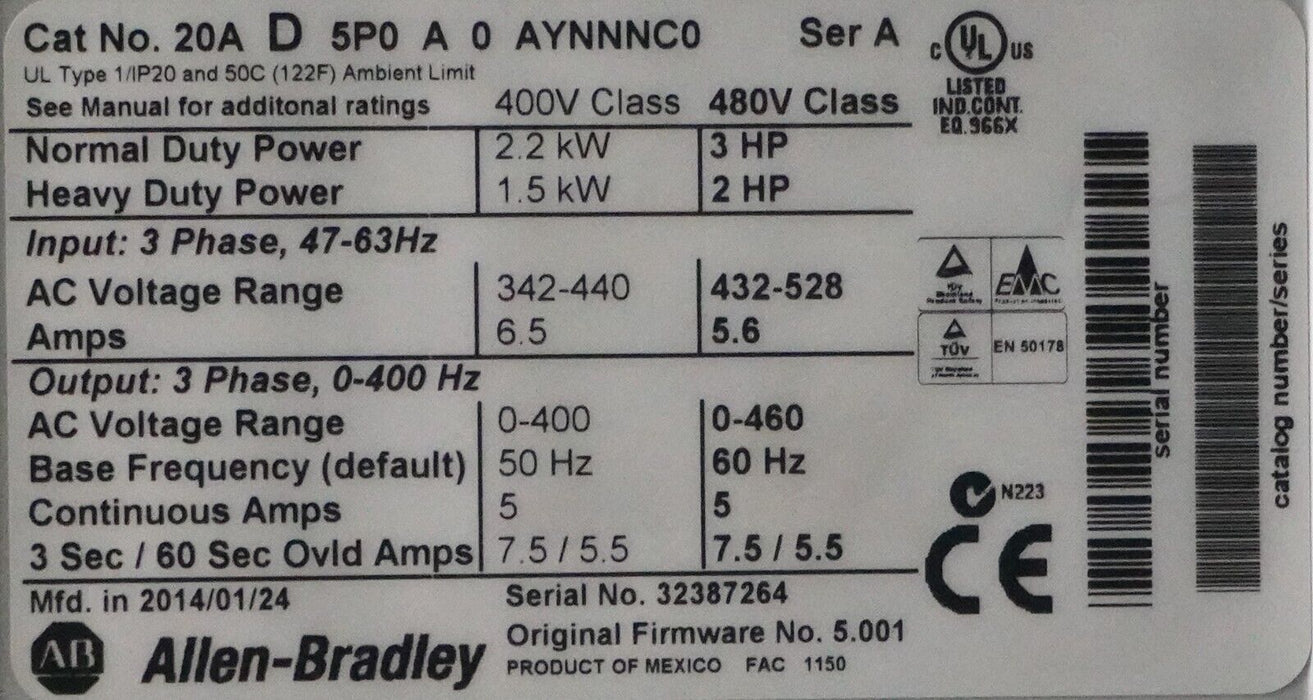 Allen-Bradley PowerFlex 70 3HP 20AD5P0A0AYNNNC0 480 VAC Clean Tested FRN:5.001