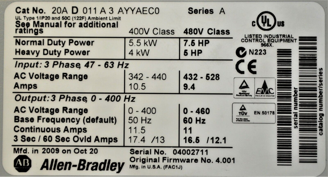 Allen-Bradley PowerFlex 70 20AD011A3AYYAEC0 480 VAC, 7.5 HP, 11 Amp Drive TESTED