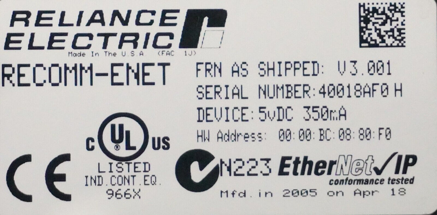 Reliance Electric RECOMM-ENET Ethernet/IP Communications Module Tested FRN:3.001