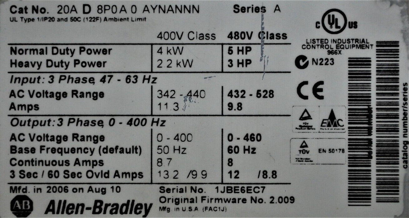 Allen-Bradley PowerFlex 70 5 HP 20AD8P0A0AYNANNN FRN:2.009 Tested Good QUANTITY