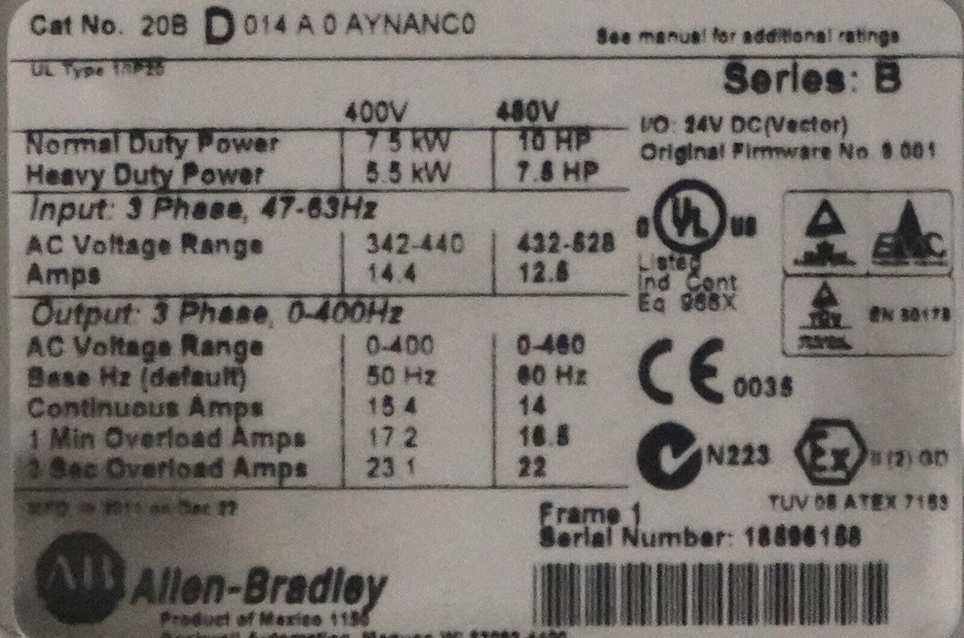 New Allen-Bradley PowerFlex 700 10HP 20BD014A0AYNANC0 480 VAC FRN:9.001