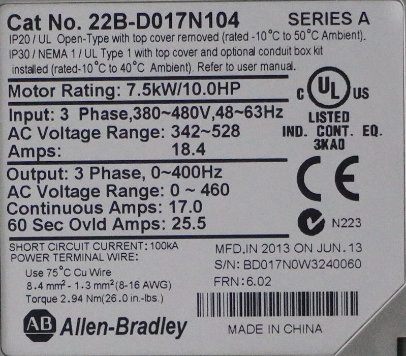 Allen-Bradley 10HP Powerflex40 22B-D017N104 Ser. A Tested Good FRN:6.02