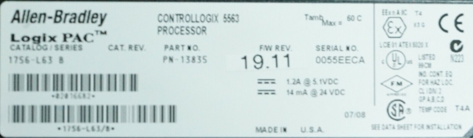 Allen-Bradley 1756-L63/B ControlLogix Logix5563 8MB Memory Tested FRN.19.11