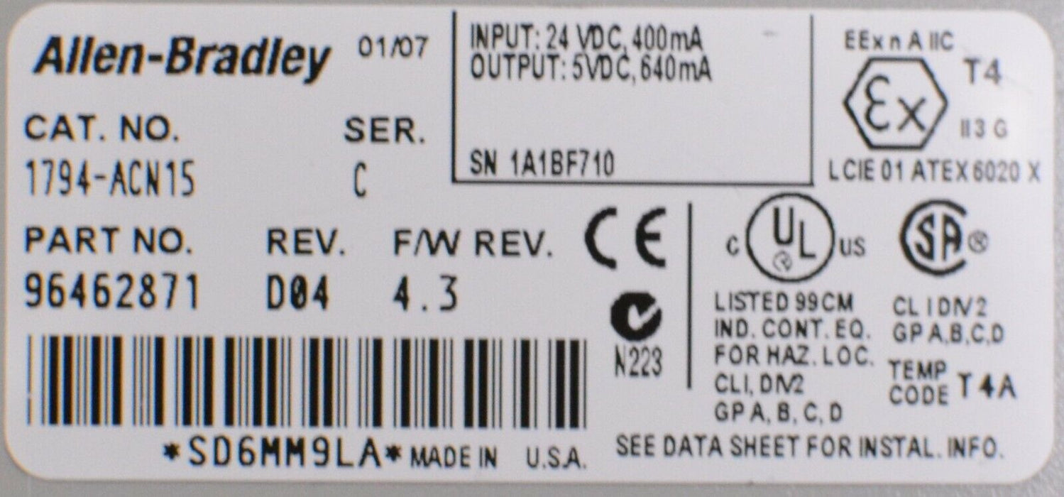 ALLEN BRADLEY 1794-ACN-15 SER C ControlNet Adapter FRN:4.3