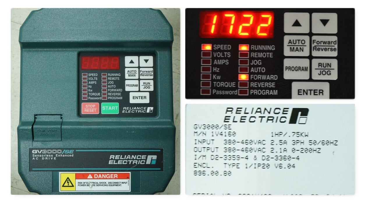 Reliance Electric GV3000/SE Vector 1Hp 1V4160 VER. 6.04 AC Inverter Tested Good