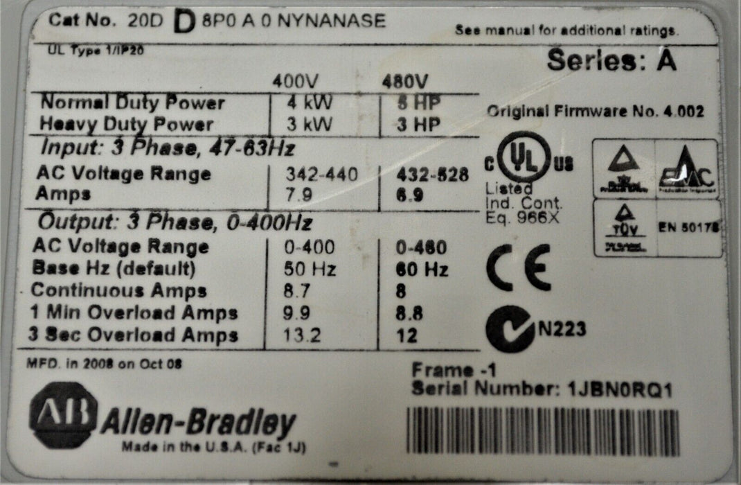 Allen-Bradley 20DD8P0A0NYNANASE  Powerflex700S Power Supply 480VAC 5HP FRN:4.002