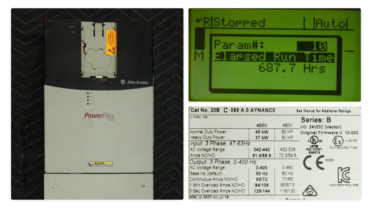 Low-Hours Allen-Bradley PowerFlex 700 60 HP 20BC085A0AYNANC0 Series B FRN:4.006