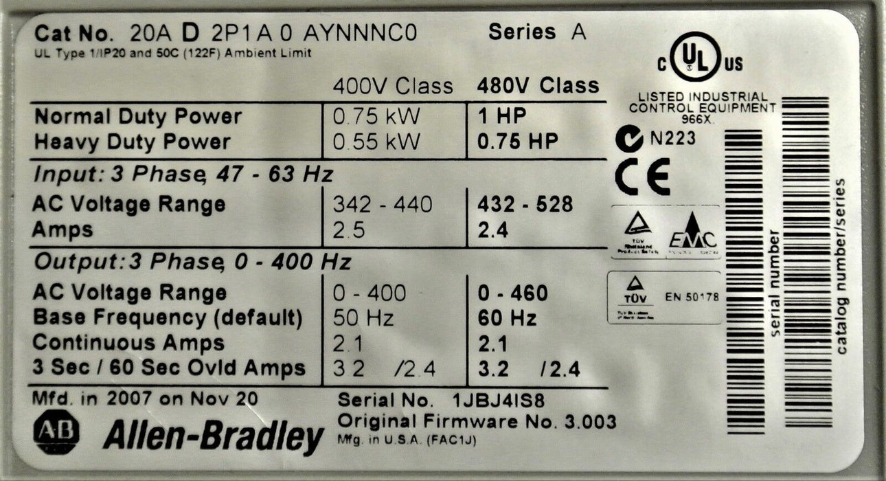 Allen-Bradley 20AD2P1A0AYNNNC0 PowerFlex 70 1 HP 480 VAC FRN 3.003 Tested Good