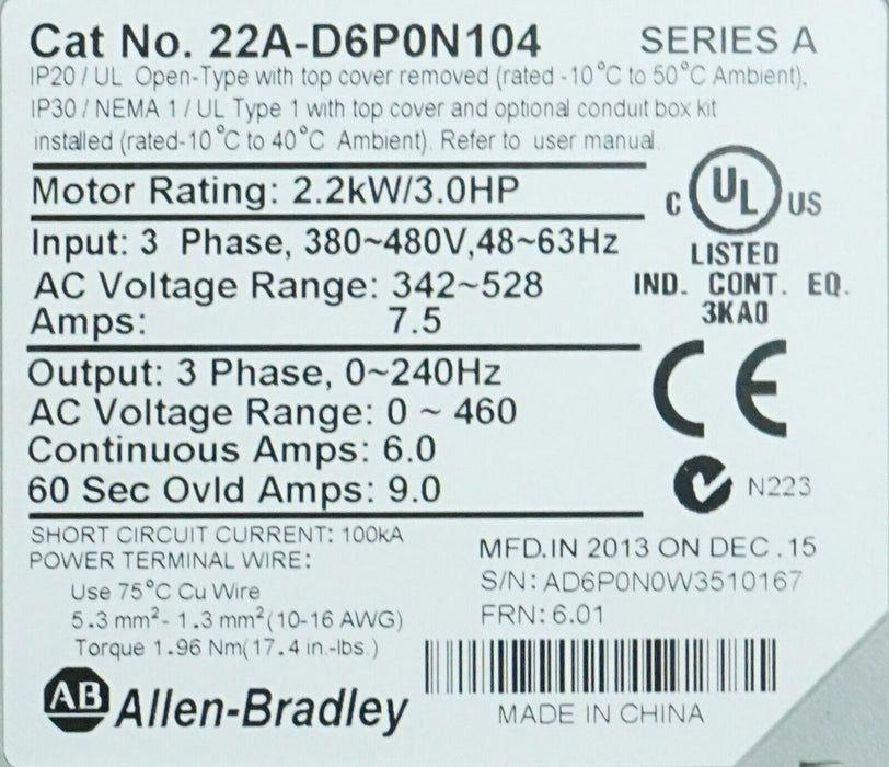 Allen-Bradley PowerFlex 4 22A-D6P0N104 3HP FRN:6.01 Series A