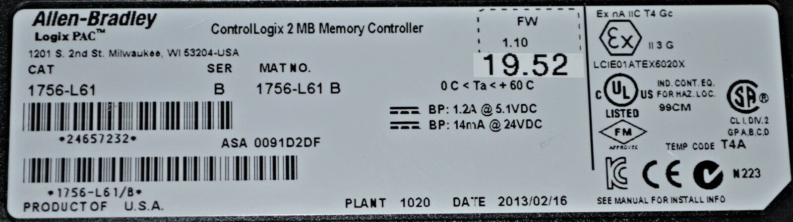 2013 Allen Bradley 1756-L61 Series B ControlLogix Processor with Key FRN:19.52