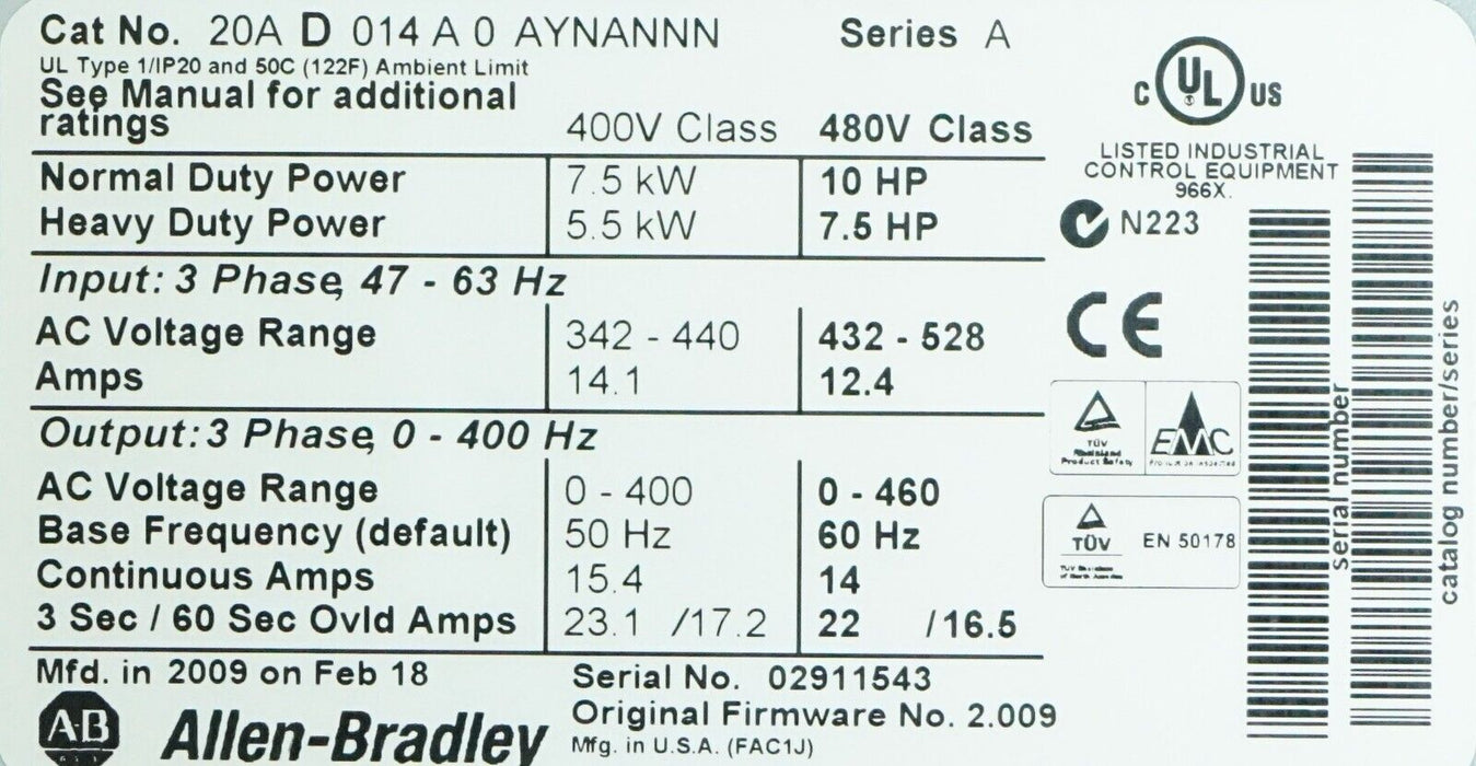 Allen Bradley PowerFlex 70 10 HP 20AD014A0AYNANNN Series A FRN:2.009 Tested Good