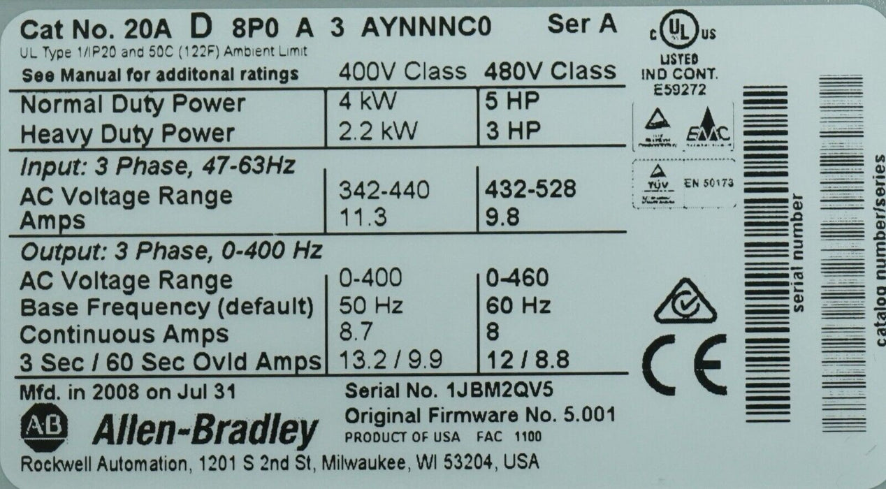 Zero Hr Allen-Bradley PowerFlex70 5HP 20AD8P0A3AYNNNC0 480 VAC FRN: 5.001 Tested