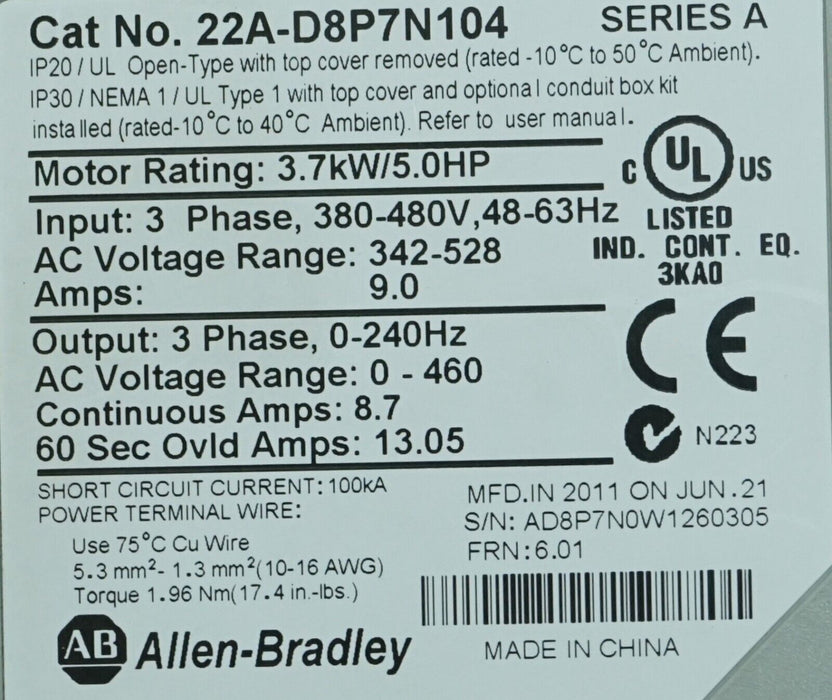 Allen-Bradley PowerFlex 4 22A-D8P7N104 5HP FRN:6.01 Series A 2011