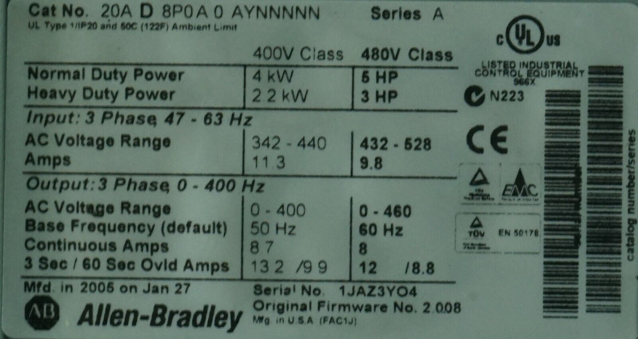 Allen-Bradley Powerflex 70 5 HP 20AD8P0A0AYNNNNN Series A FRN:2.008