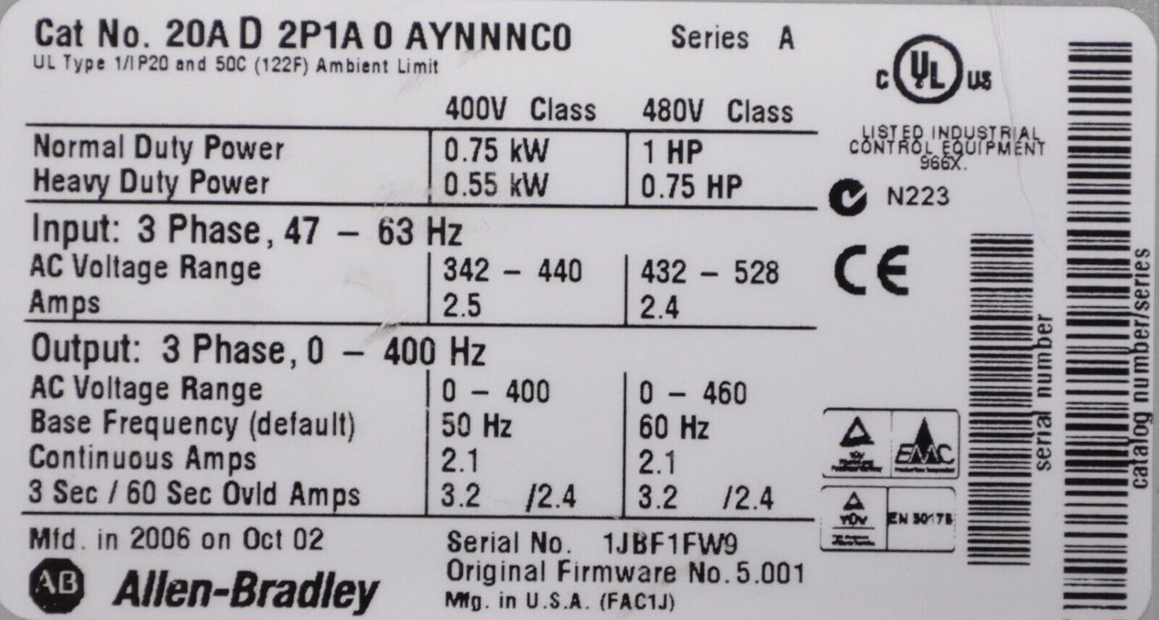 Allen-Bradley 20AD2P1A0AYNNNC0/A PowerFlex 70 1 HP 480 VAC Drive FRN:5.001