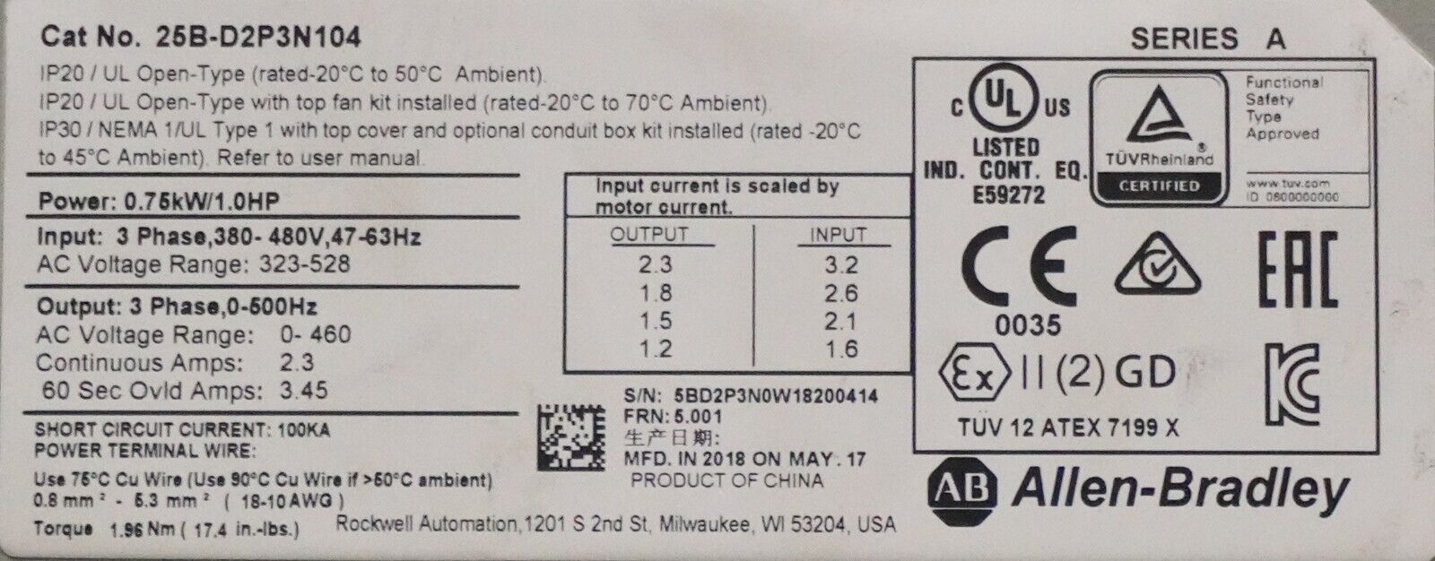 2018 Allen Bradley 25B-D2P3N104 1HP Powerflex 525 Series A FRN:5.001 Tested Good