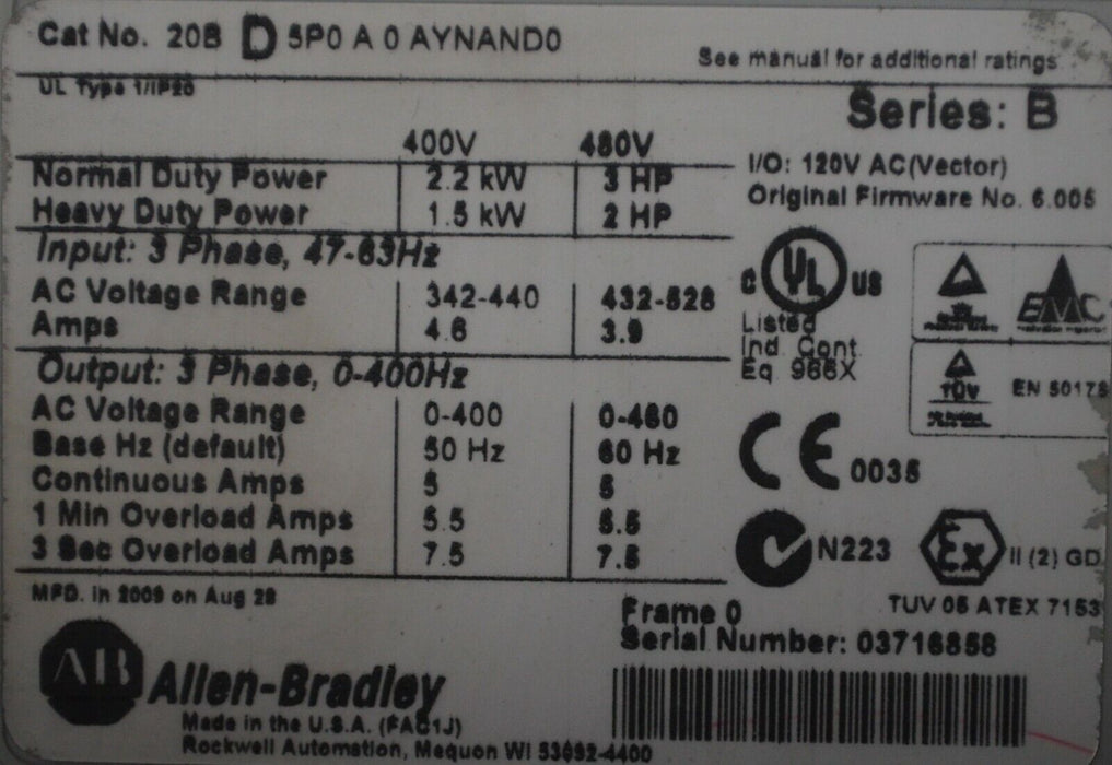 Low Hours Allen-Bradley PowerFlex 700 20BD5P0A0AYNAND0 3 HP SER B 120VAC I/O