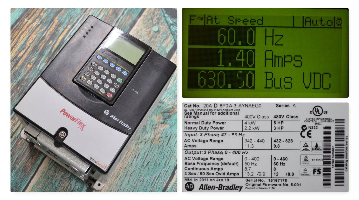 Allen-Bradley PowerFlex 70 5 HP 20AD8P0A3AYNAEG0/A 480 VAC Good Tested 5.001