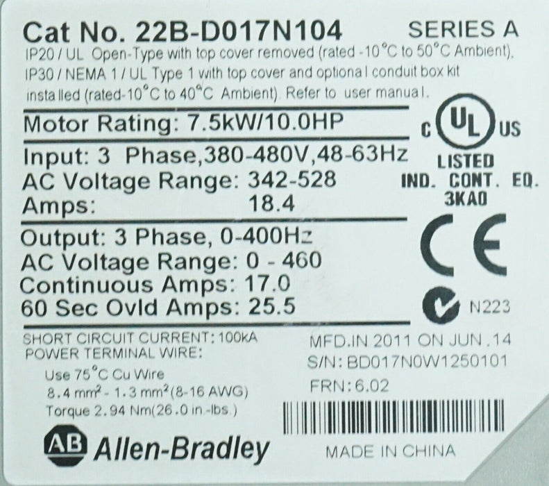 Allen-Bradley 10HP Powerflex40 22B-D017N104 Ser. A Tested Good FRN:6.02