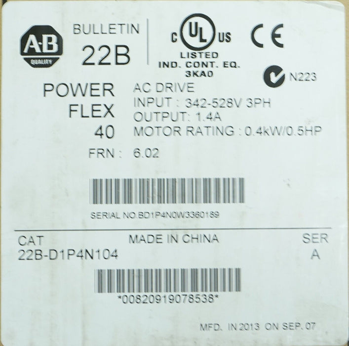 New Allen-Bradley 1/2HP Powerflex 40 22B-D1P4N104 Ser. A Tested Good FRN: 6.02