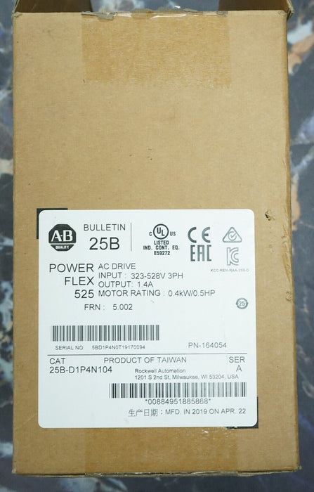 New 2019 Allen Bradley 25B-D1P4N104 1/2HP Powerflex 525 Series A FRN:5.002