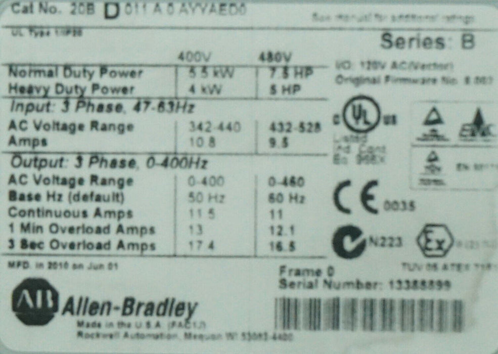 2010 Allen-Bradley 20BD011A0AYYAED0 PowerFlex700 7.5 HP FRN:8.002