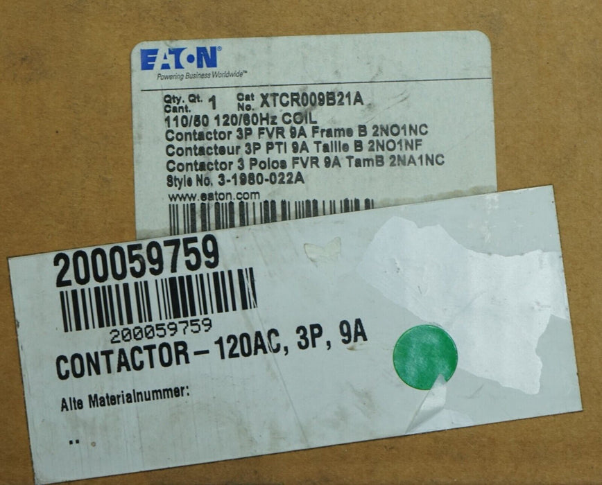 Eaton XTCR009B21A Magnetic Contactor, 3 Poles, 120V Ac, 9A