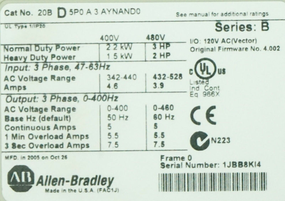 Allen-Bradley PowerFlex 700 3HP 20BD5P0A0AYNAND0 480 VAC FRN:10.004