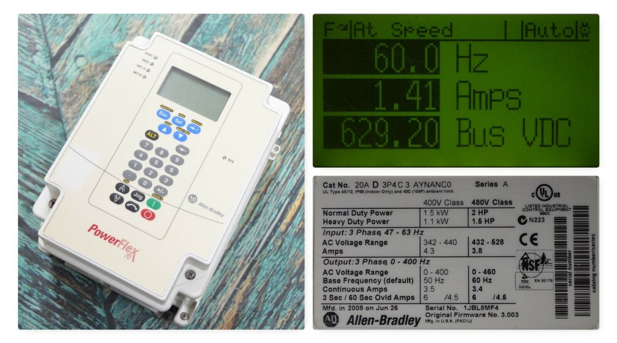 Allen-Bradley PowerFlex 70 2 HP 20AD3P4C3AYNANC0 480 VAC Tested FRN:3.003