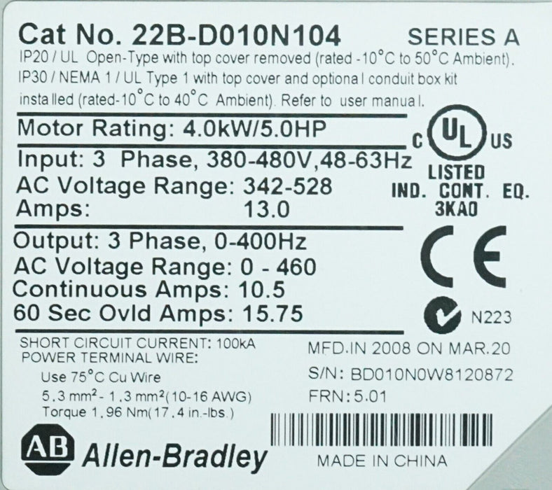 Allen-Bradley 5HP Powerflex40 22B-D010N104 Series A Tested Good FRN:5.01