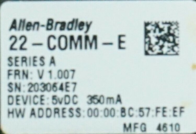 Allen Bradley 22-COMM-E Ethernet Module No Cable VER 1.007