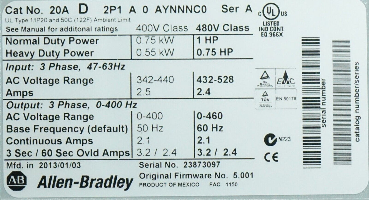 Low Hours Allen-Bradley 20AD2P1A0AYNNNC0 PowerFlex70 1HP 480VAC FRN:5.001 Tested