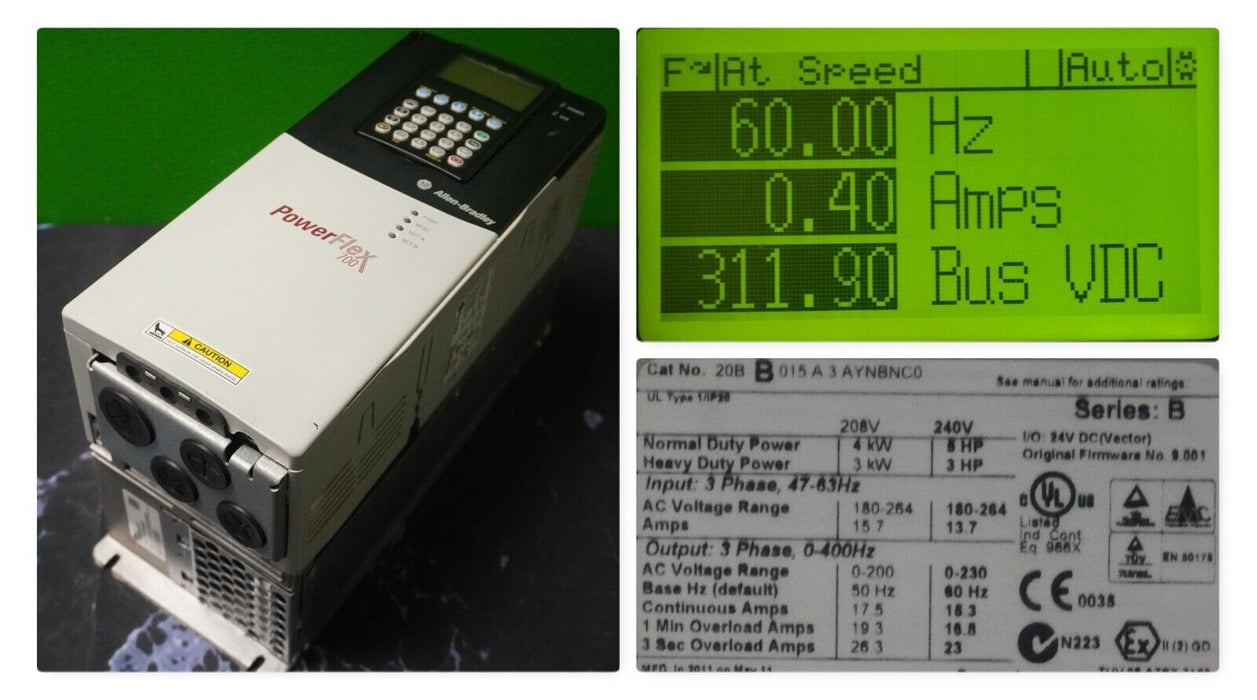 Zero Hr Allen Bradley 20BB015A0AYNBNC0 AC DRIVE Powerflex 700 Series B FRN:9.001